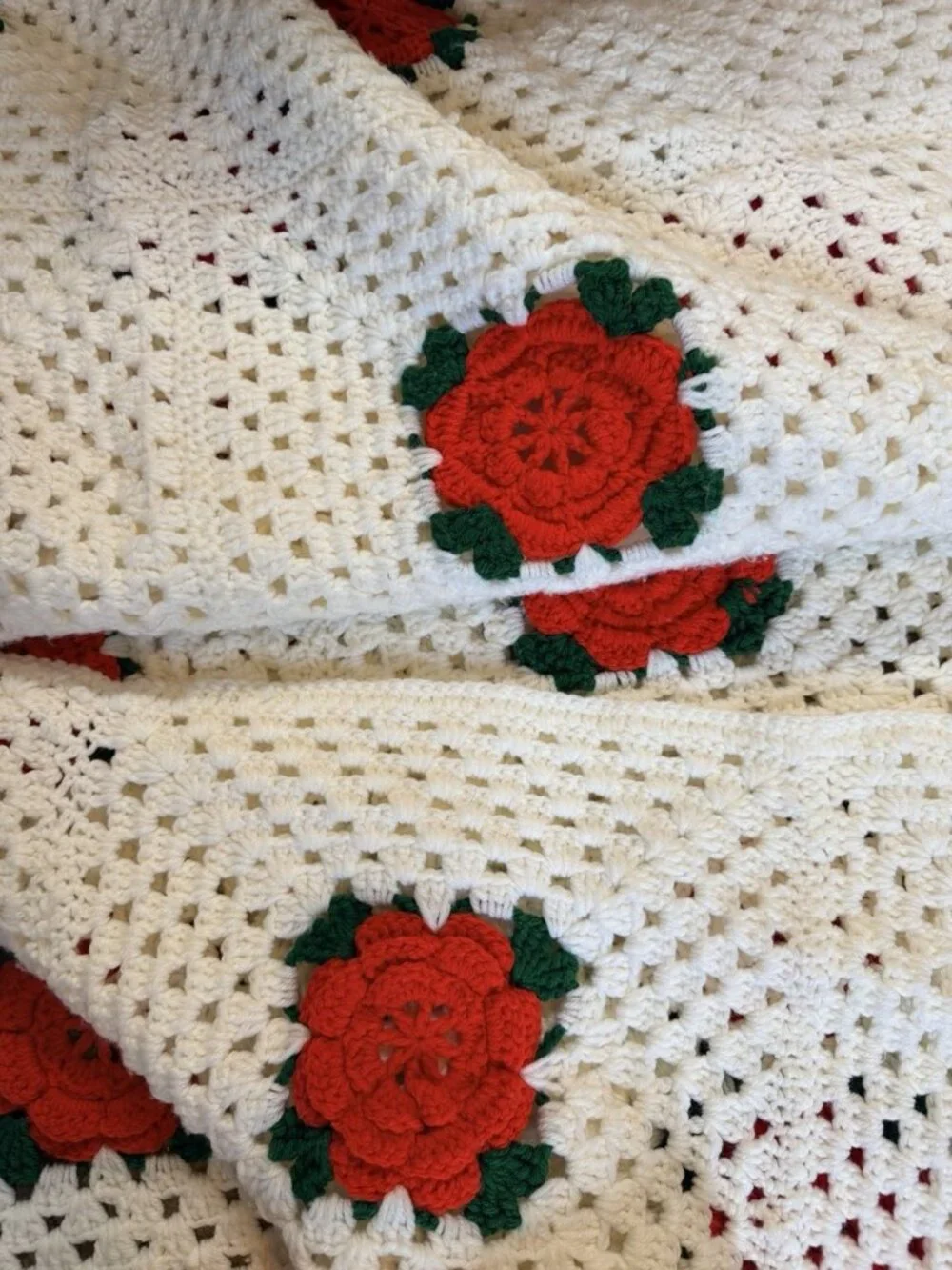 80X96 Crochet Granny Square Afghan Red Roses Hand Made White Background